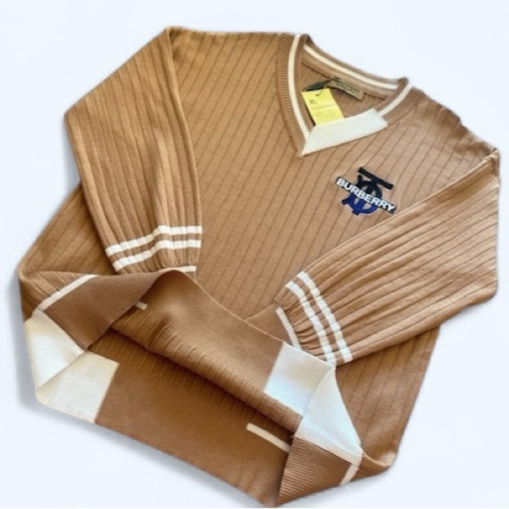 Burberry Pullover V-Neck Cardigan XL Caramel Brown/White Quiet Luxury NWT - Picture 14 of 14